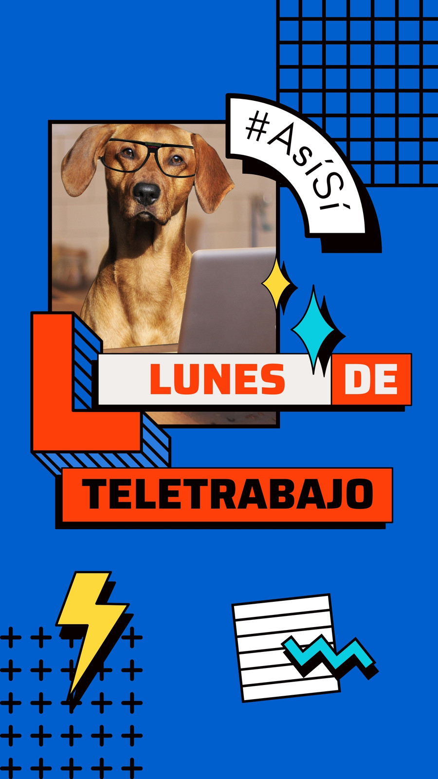 Story de Instagram, con stickers, azul, con foto de perro, lunes de teletrabajo