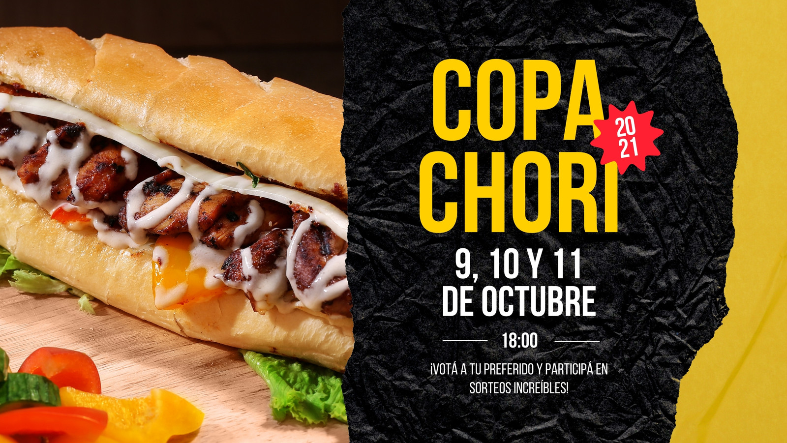 Facebook cover de diseño bold de festival del choripán, papel roto y arrugados color mostaza y negro con foto de choripán Facebook cover de diseño bold de festival del choripán, papel roto y arrugados color mostaza y negro con foto de choripán