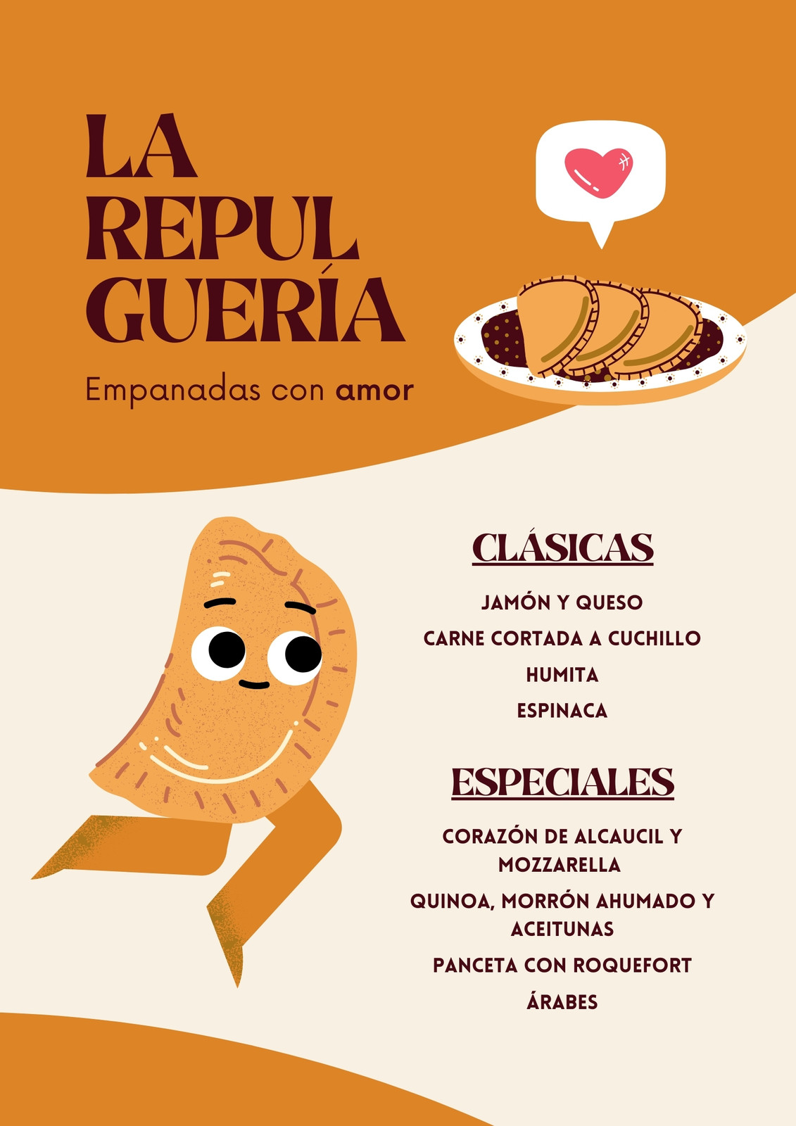 Flyer playful de lugar de empanadas, color damasco y beige con ilustración de empanadas y corazón Flyer playful de lugar de empanadas, color damasco y beige con ilustración de empanadas y corazón