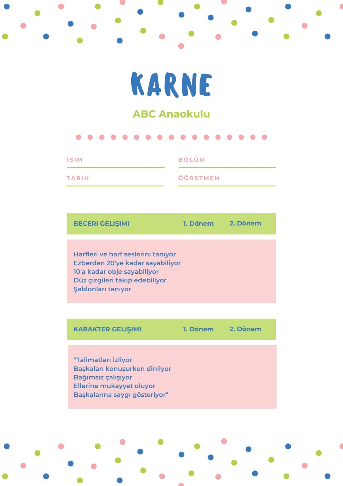 Mavi Pembe Yeşil Anaokulu Karne