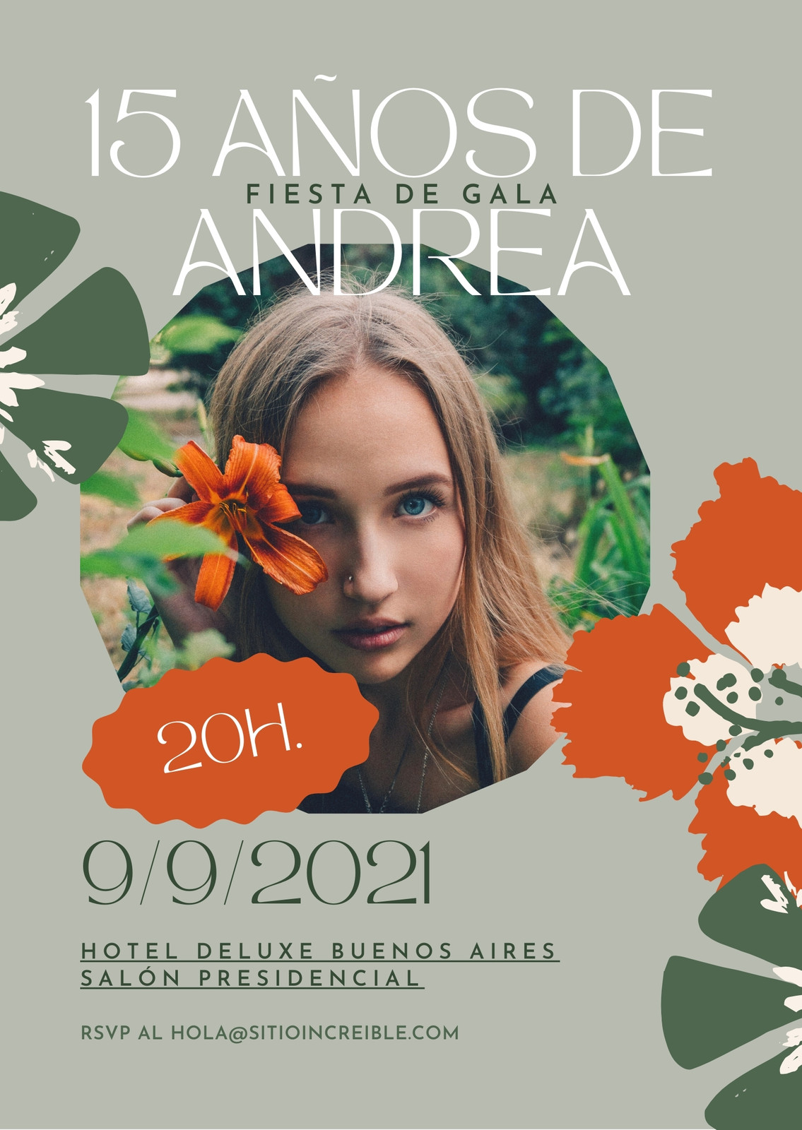 Invitación vertical delicada de fiesta de 15, gris y naranja fuerte con foto