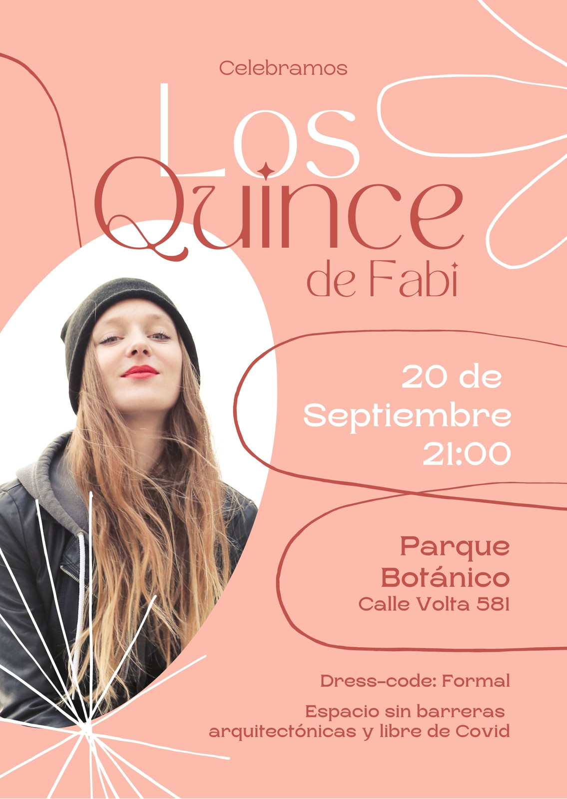 Invitación vertical delicada de fiesta de 15, salmón y blanco con foto