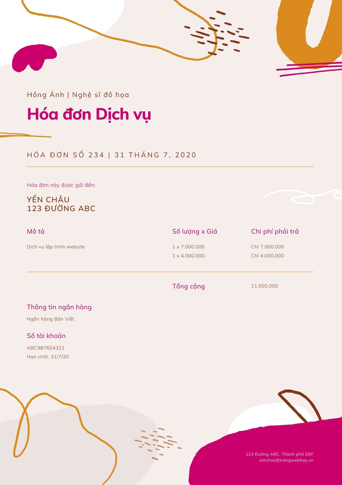 Hồng và Vàng Nghệ sĩ đồ họa Hóa đơn Dịch vụ