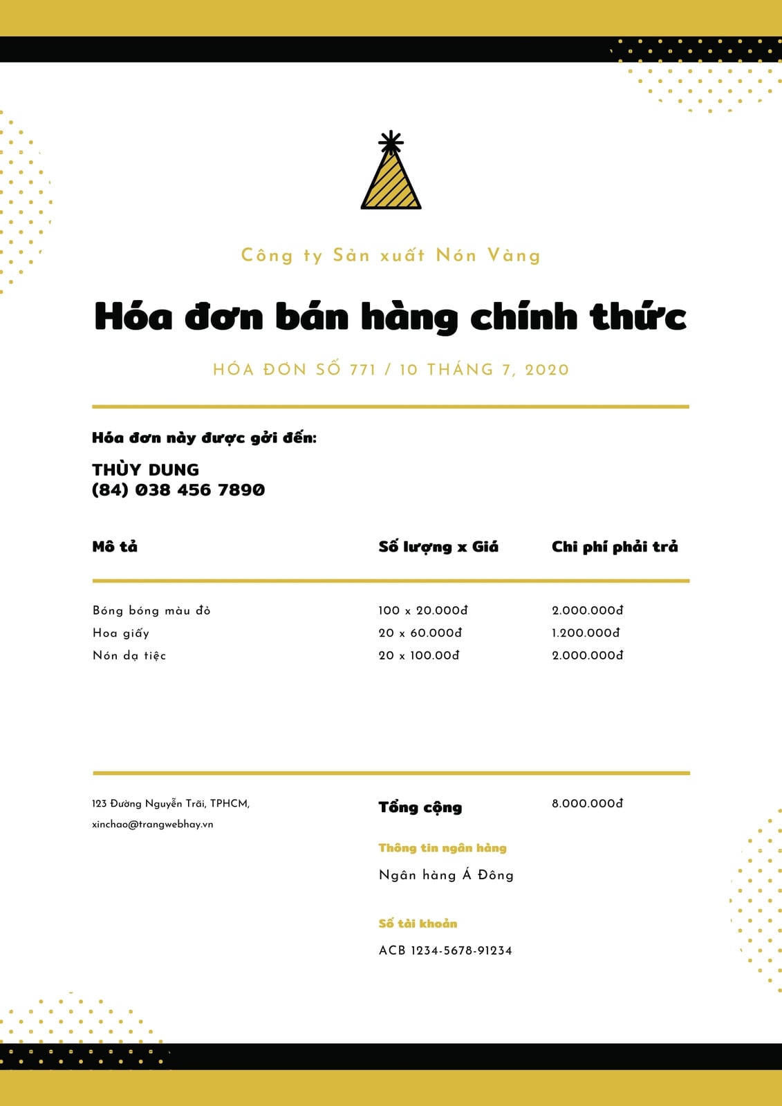Vàng và Xanh dương đậm Tiêu đề thư cho Hóa đơn