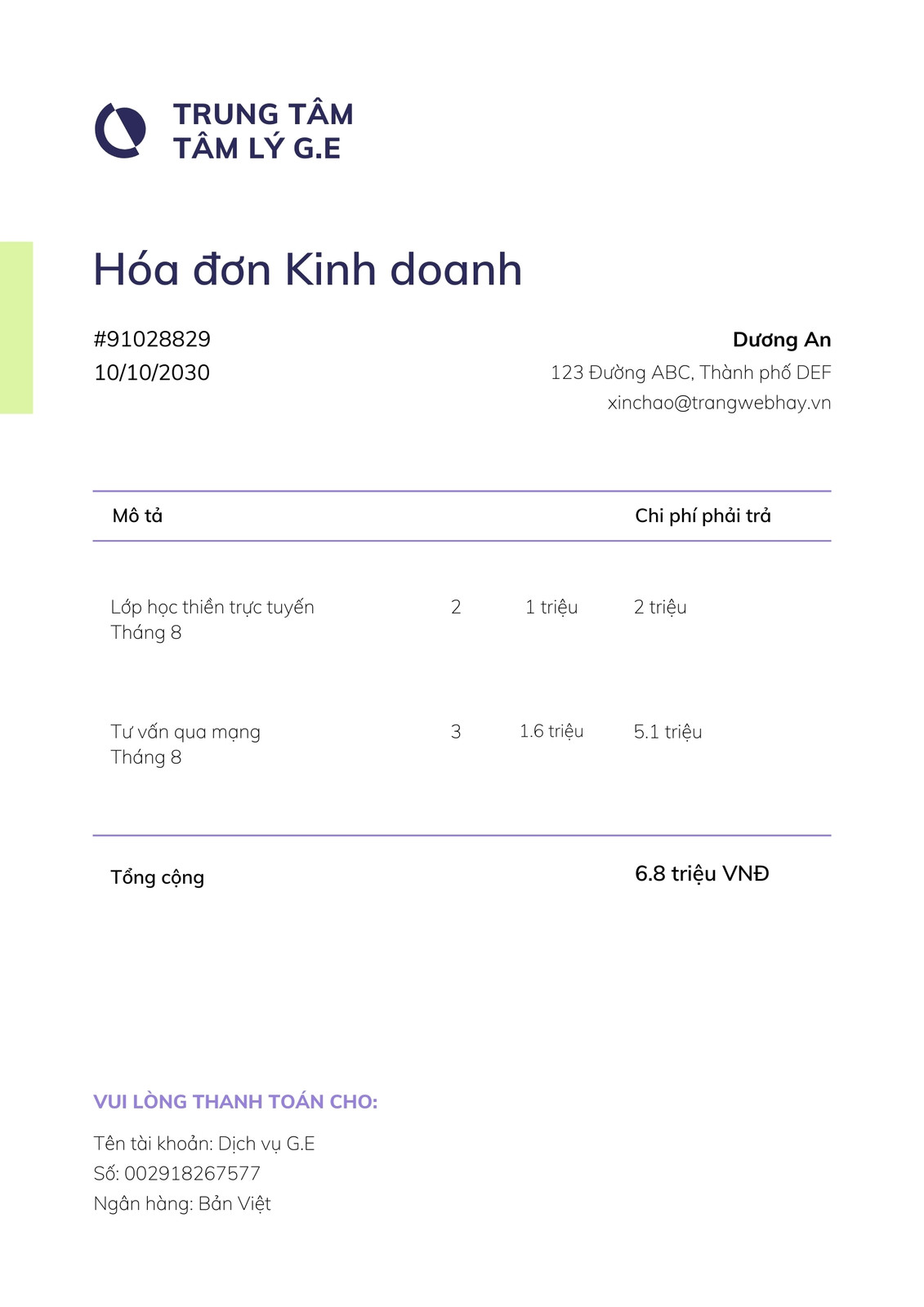 Tím và Xanh lá Giản dị Doanh nghiệp Dịch vụ sức khỏe tinh thần Khởi nghiệp Hóa đơn