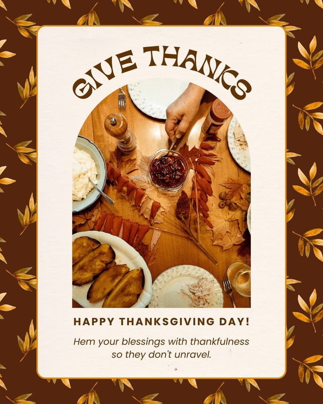 Elegant Illustrated Photo Happy Thanksgiving Day Instagram Post Canva template, brown