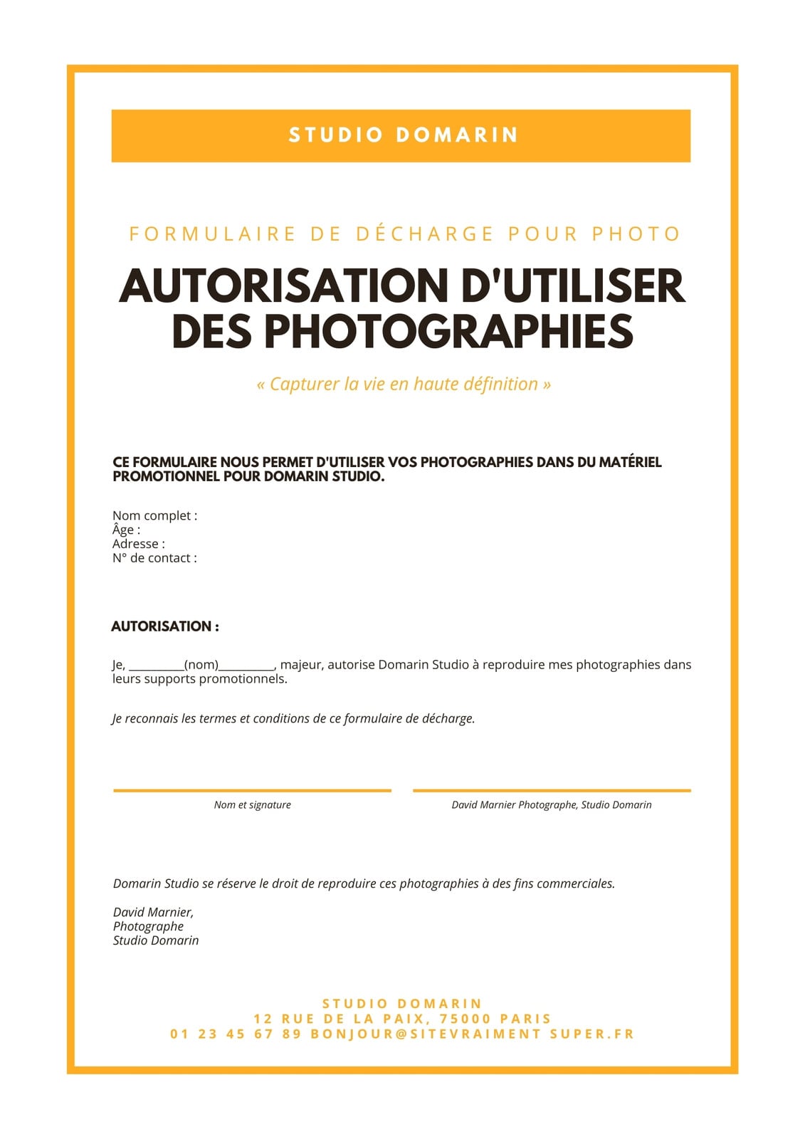Jaune Bordé Photo Formulaire de décharge Autorisation Formulaire Jaune Bordé Photo Formulaire de décharge Autorisation Formulaire