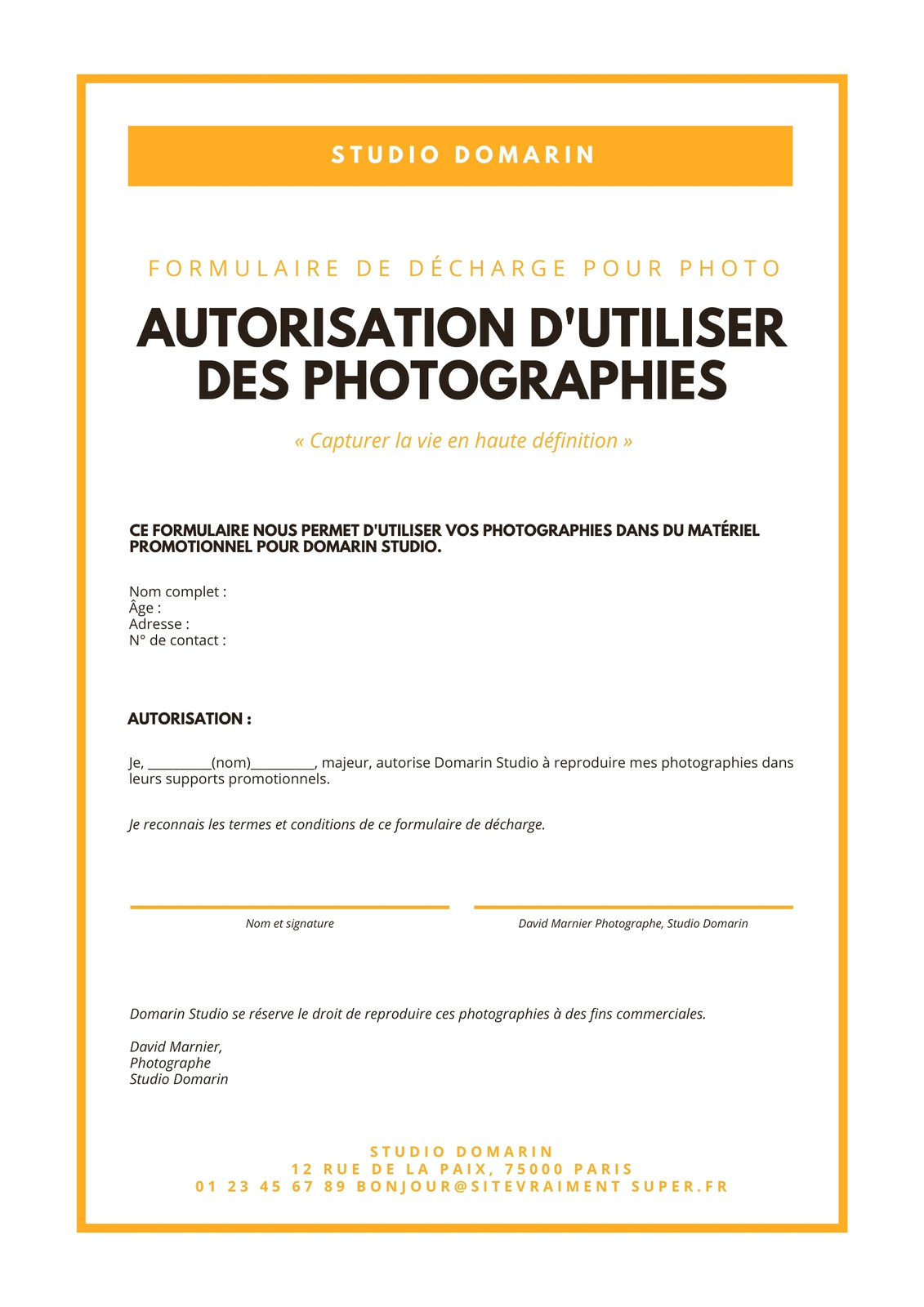 Jaune Bordé Photo Formulaire de décharge Autorisation Formulaire Jaune Bordé Photo Formulaire de décharge Autorisation Formulaire