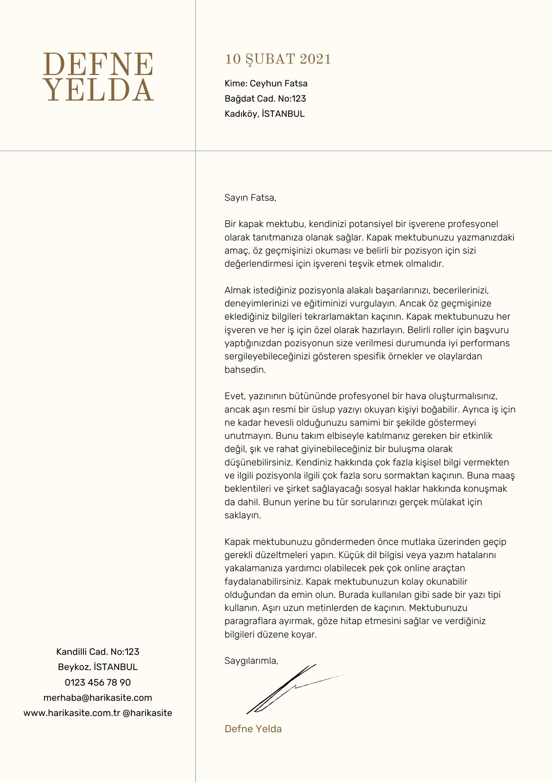 Bej ve Kahverengi Temiz Çizgiler Öğrenci Stajyerlik Kapak Mektubu