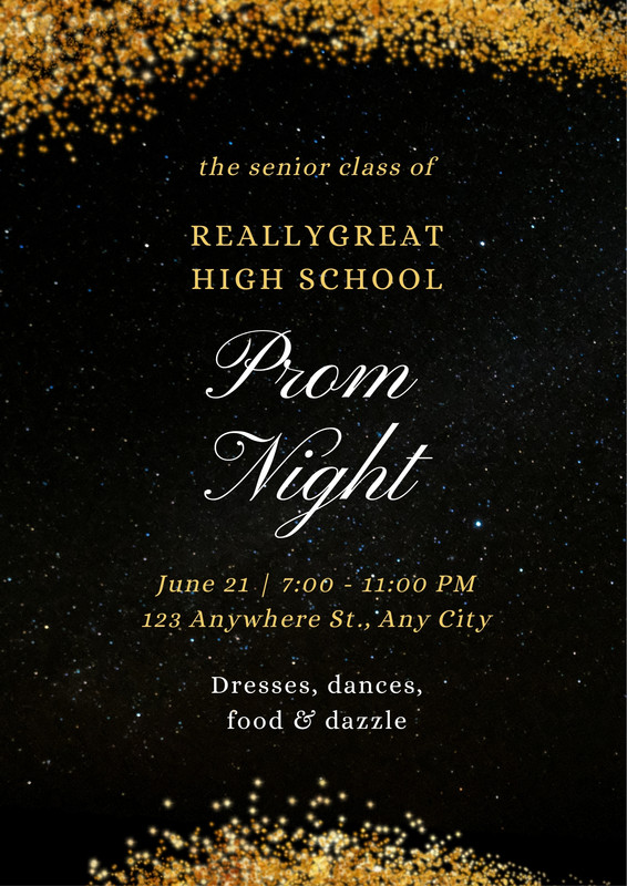 Prom Night Party Printable Poster Invitation Poster Canva template, black and gold