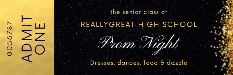 Prom Night Printable Ticket Canva template, black and gold