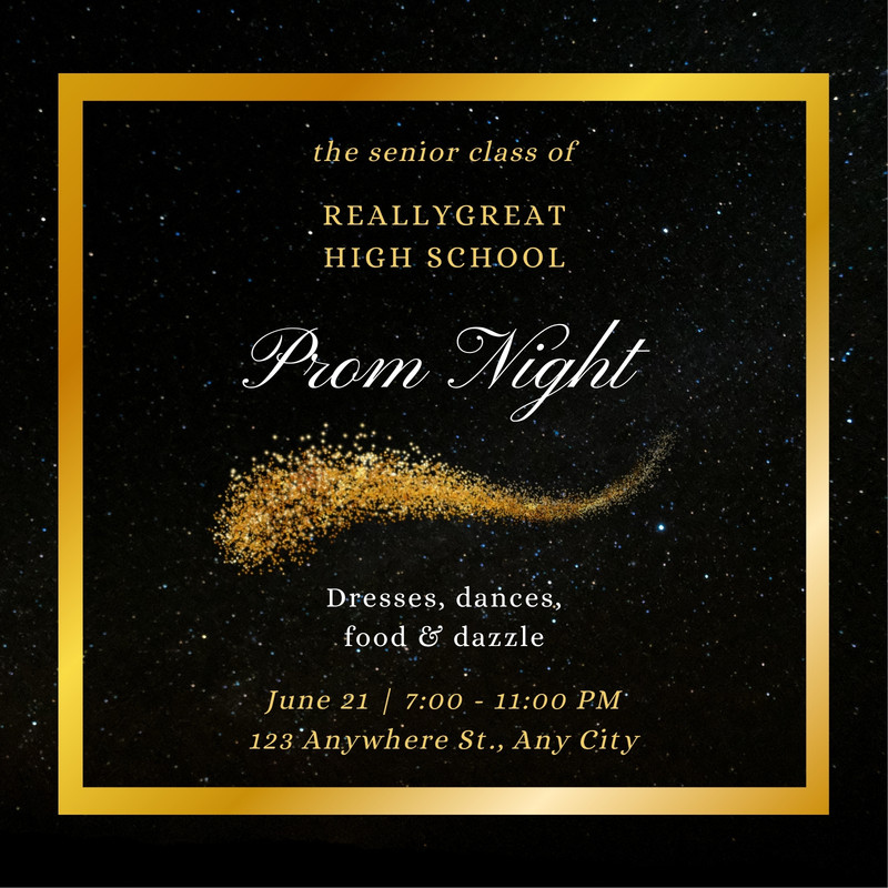 Luxury Prom Night Party Square Invitation Canva template, black and gold