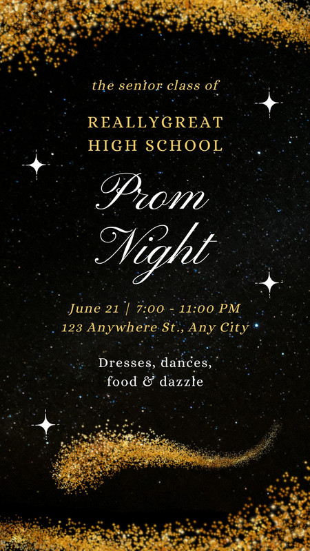 Prom Night Party Animated Instagram Story Canva template, black and gold