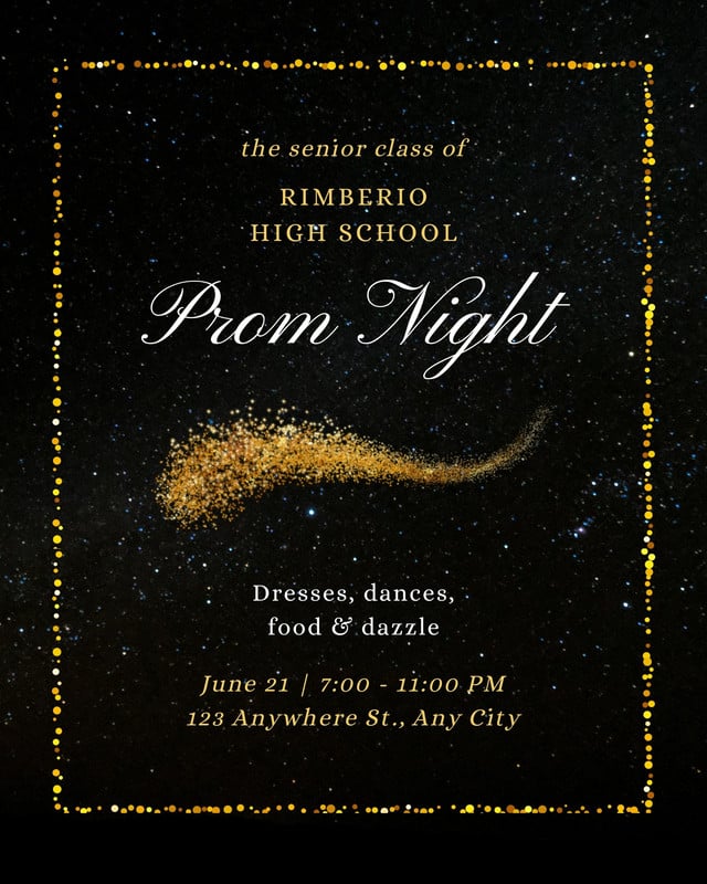 Luxury Prom Night Party Instagram Post Canva template, black and gold