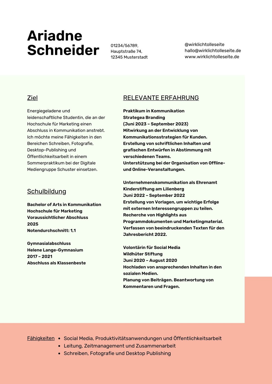 Grün und Rosa Farbe Blöcke Student Praktikum Lebenslauf