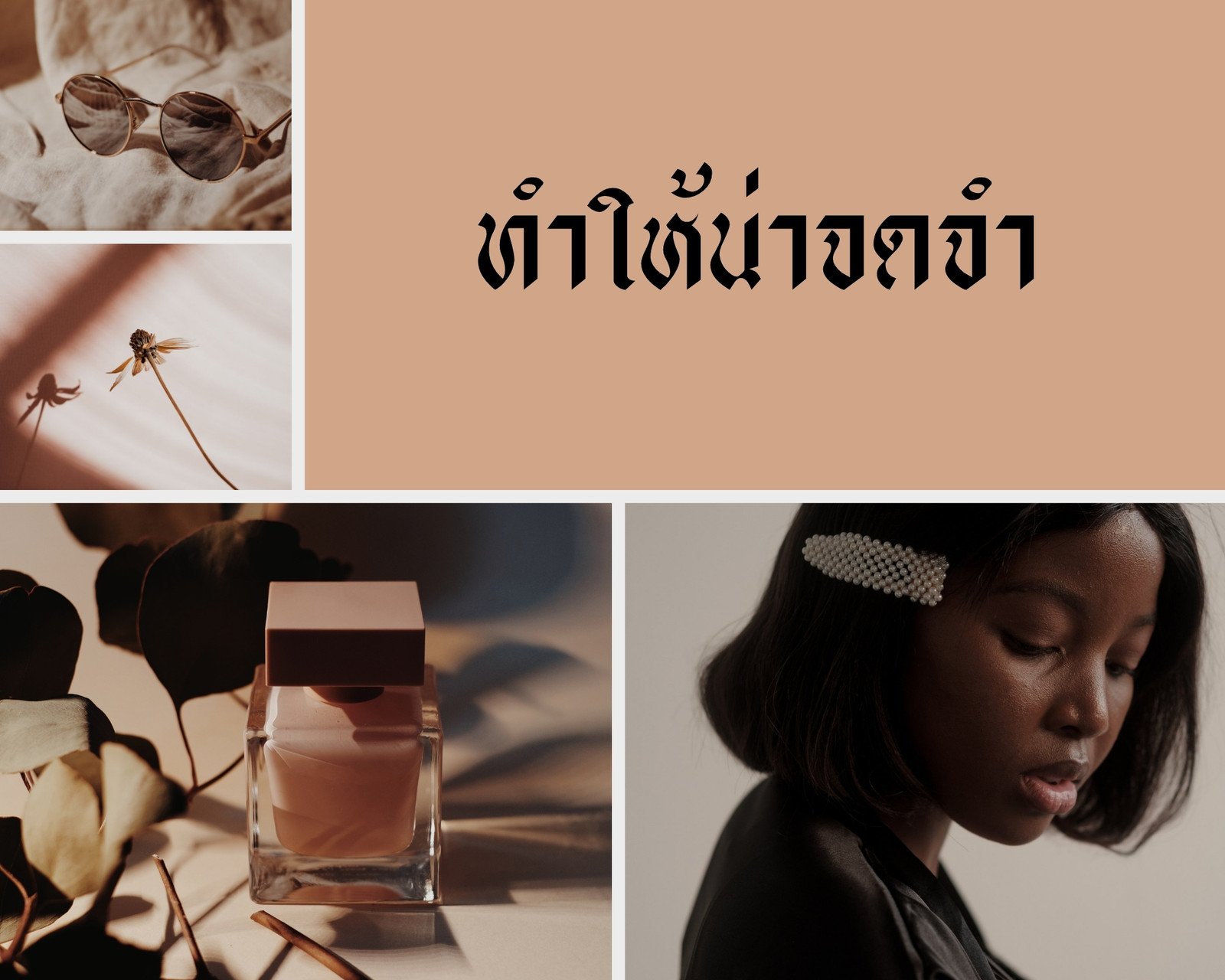 ภาพตัดปะ รูปถ่าย สีเบจและสีดำ ตัวหนาและสดใส