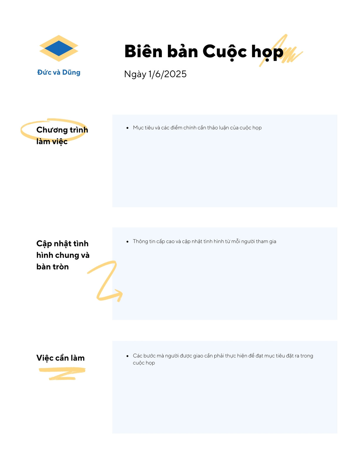Biên bản họp trắng với nét vẽ vàng và xanh Biên bản họp trắng với nét vẽ vàng và xanh