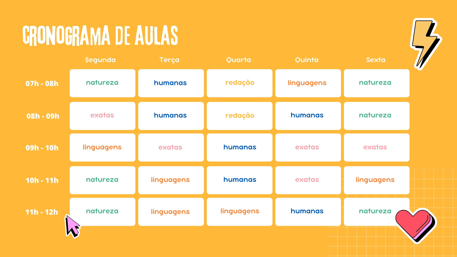 cronograma de aulas calendario segunda a sexta amarelo branco rosa verde e azul 