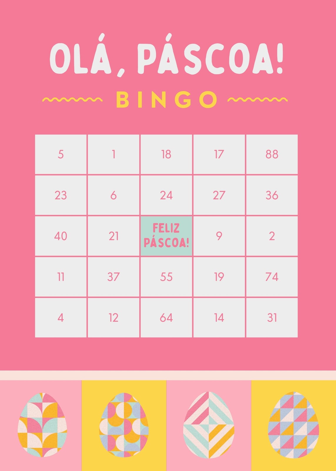 Cartela de bingo - Páscoa - Infantil, ousada, geométrica, rosa e amarela