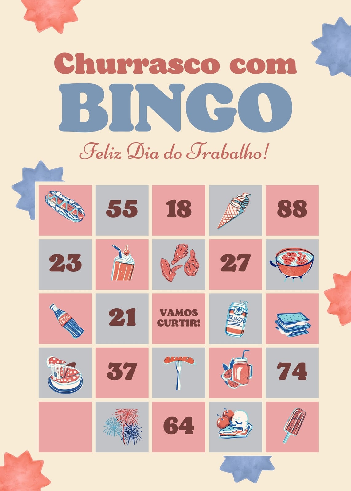 Cartela de bingo - Dia do trabalho - Vintage, americana, pessoal, vermelho-pastel, azul-pastel e creme