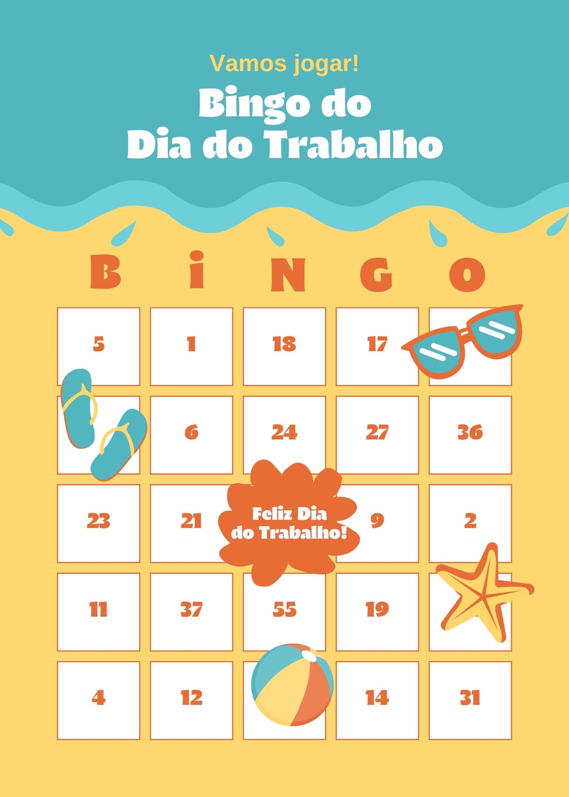 Cartela de bingo - Dia do trabalho - Negrito, pessoal, amarela, verde-azulado e laranja