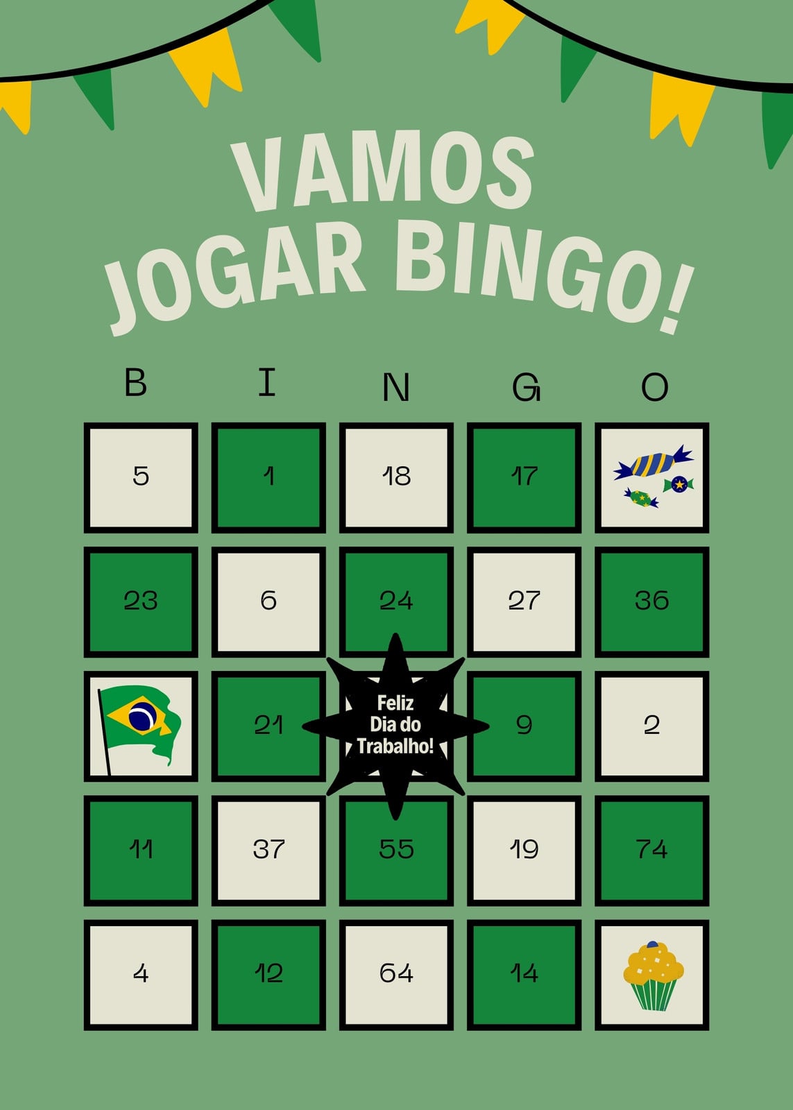 Cartela de bingo - Dia do trabalho - Fonte negrito, pessoal, verde, preta e amarela