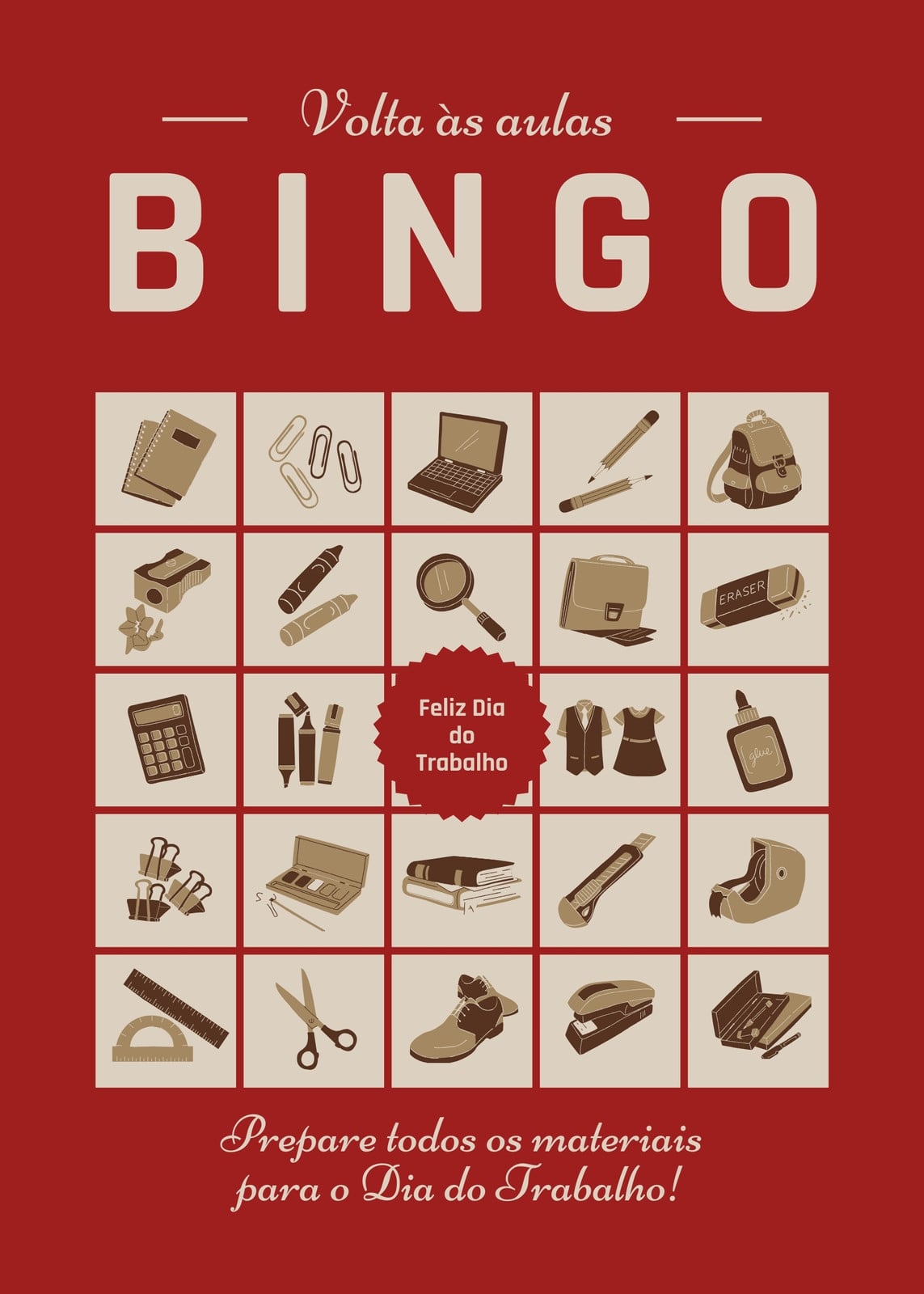 Cartela de bingo - Dia do trabalho - Americana, vintage, pessoal, vermelho-escuro, marrom-claro e marrom-escuro