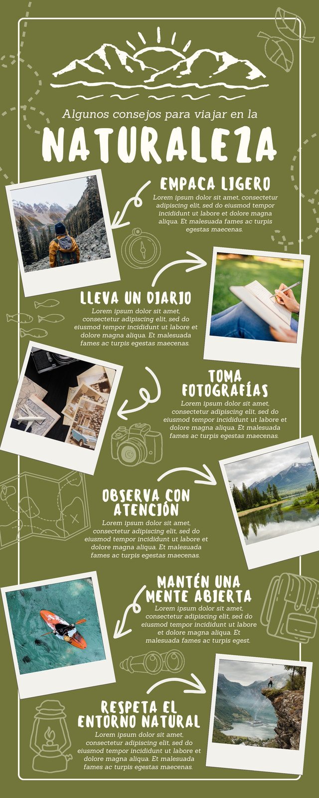 Infografía viaje en la naturaleza ecoturismo doodle a mano verde