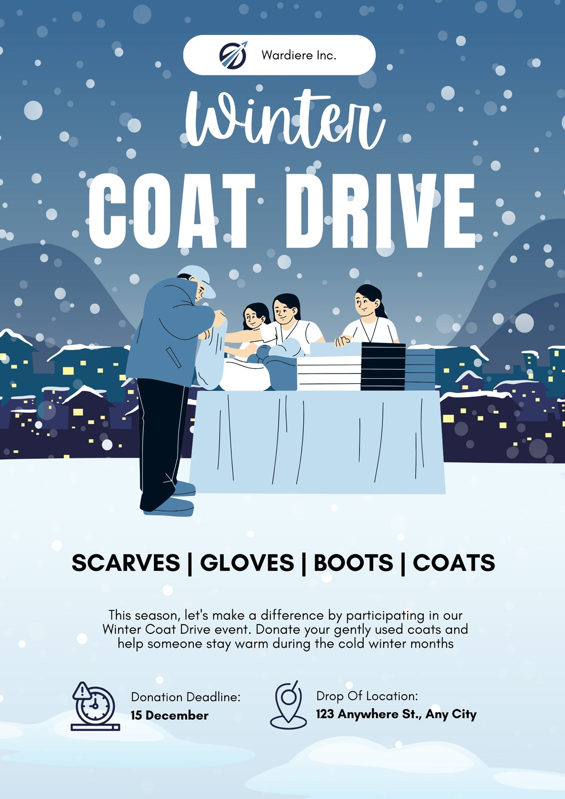 Blue and White Illustrated Winter Coat Drive Flyer