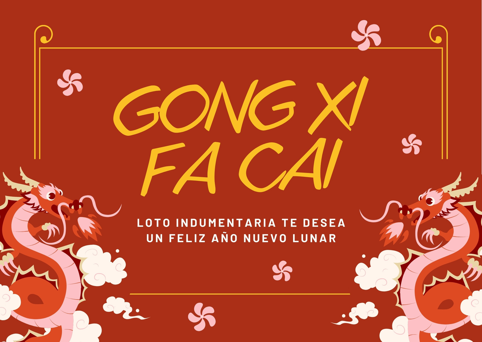 Rojo, Amarillo y Rosa Moderno Ilustrado Personal Tarjeta del Año Nuevo Lunar (horizontal)