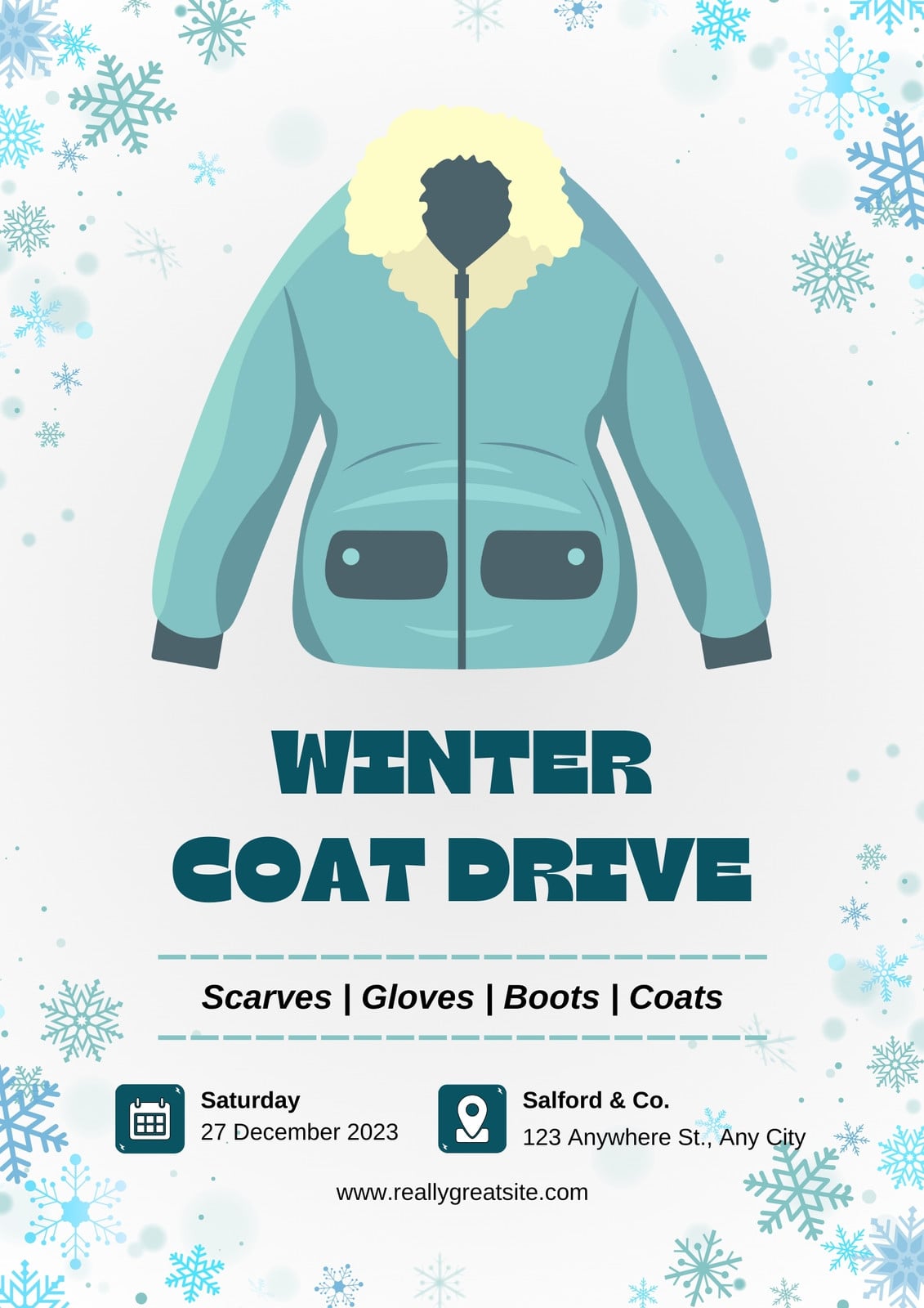 White and Teal Illustrative Winter Coat Drive Flyer
