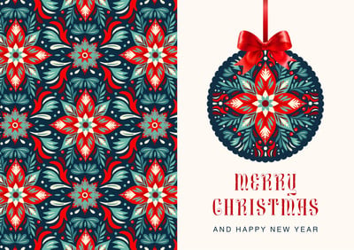Vintage Floral Elegant Ornamental Christmas Folded Card Canva template, red and blue