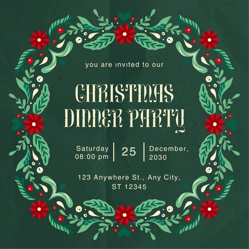 Vintage Christmas Dinner Party Invitation Canva template, red and green