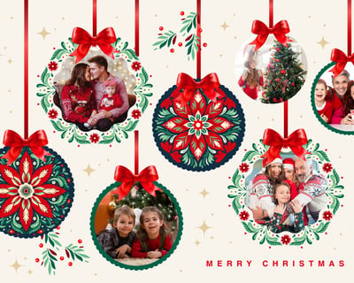 Festive Vintage Floral Christmas Holiday Photo Collage Canva template, red and green