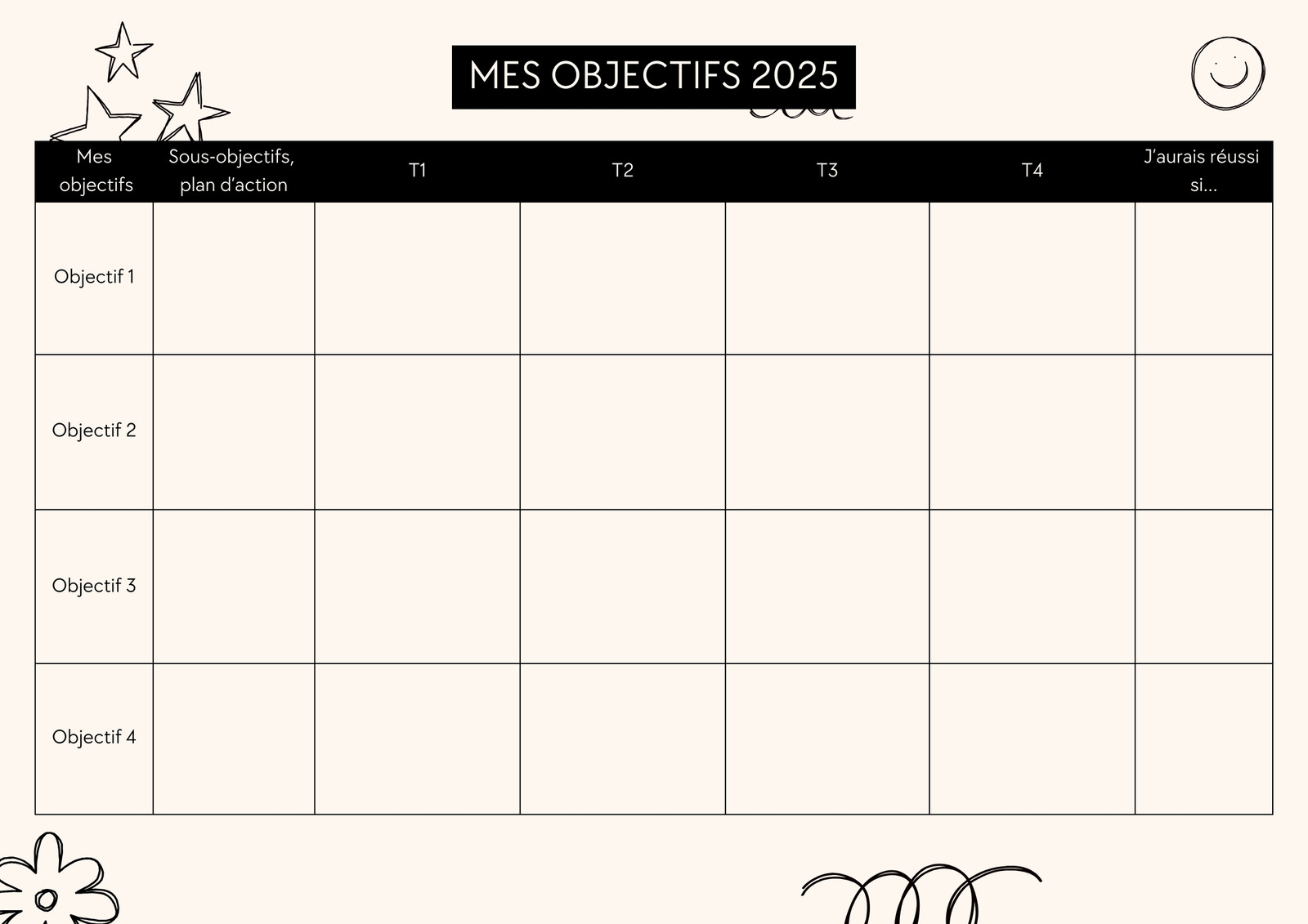 Mes objectifs 2025 Tableau A4 feuille plan d'action organisation bureau indépendant