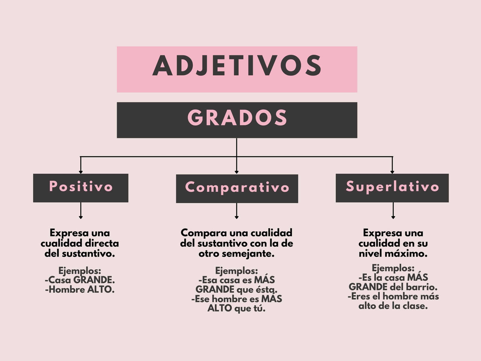 Mapa conceptual - Grados de los adjetivos - Llamativo, rosa y gis