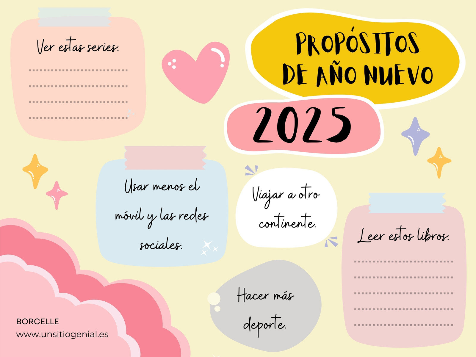 Mapa Mental Gráfico Propósitos de Año Nuevo 2024 Original Creativo Artístico Ilustrado Abstracto Rosa y Amarillo