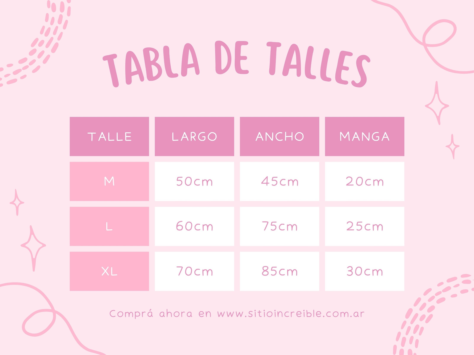 Cuadro Comparativo Tabla de Talles Femenino Rosa