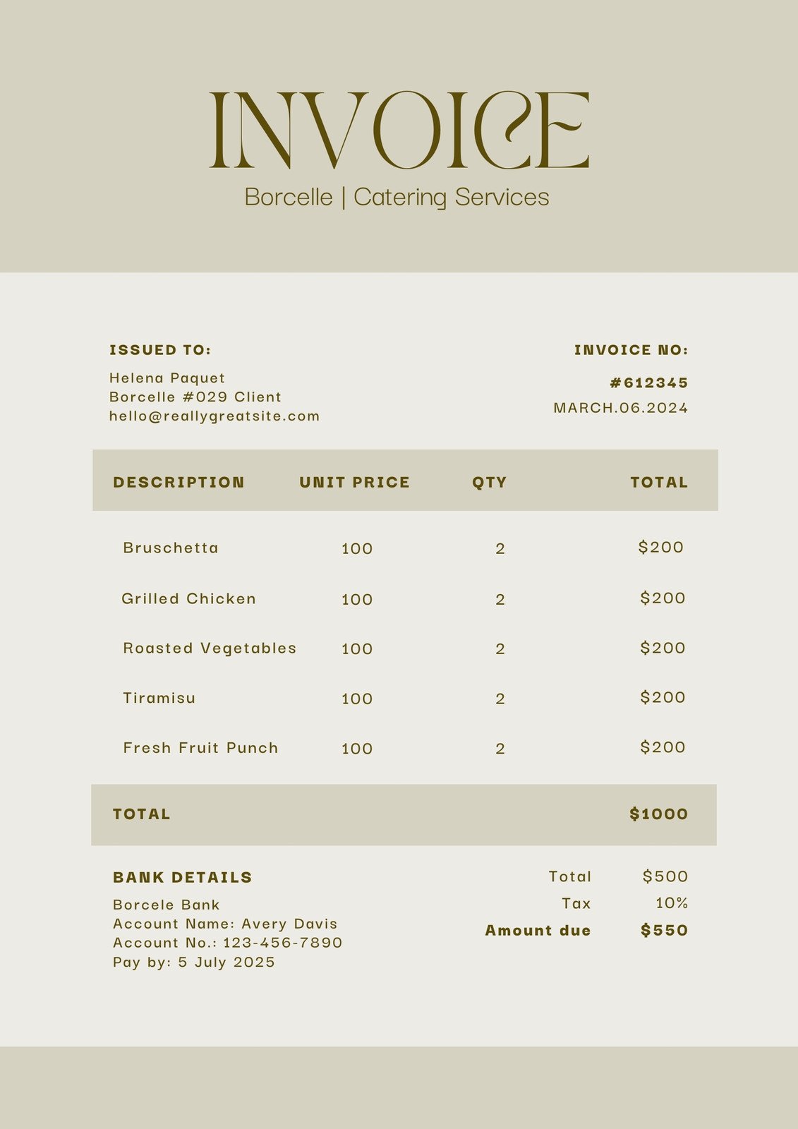 Cream and White Simple Minimalist Catering Services Invoice