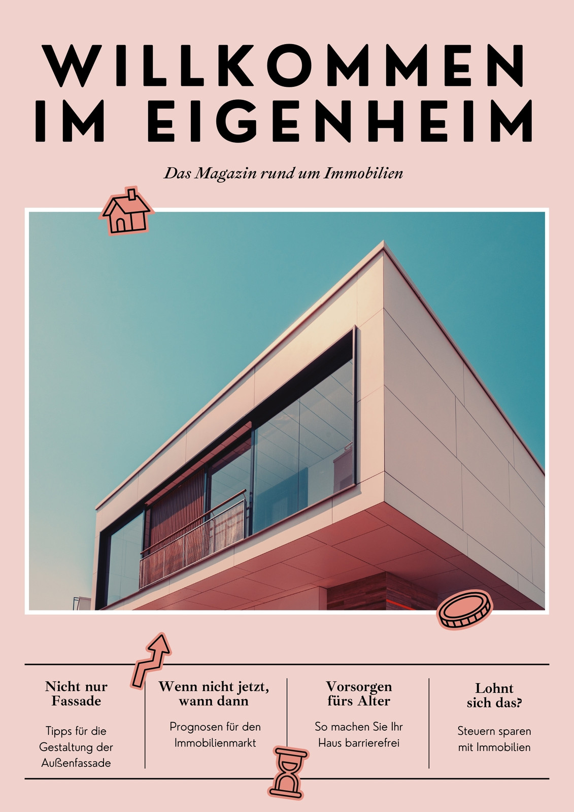 Kundenmagazin für Immobilienunternehmen in illustriertem Stil in Rosa Blau Rot Kundenmagazin für Immobilienunternehmen in illustriertem Stil in Rosa Blau Rot