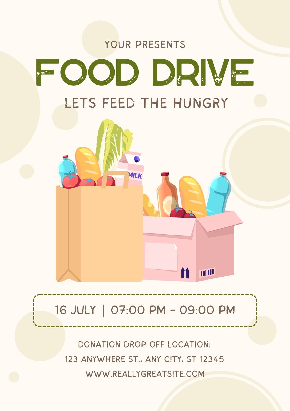 Green and Beige Illustrative Food Drive Charity Flyer