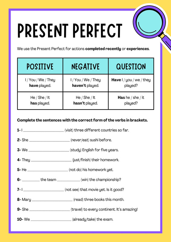 Perfect Tense Worksheets PRESENT PERFECT TENSE ESL Worksheet By