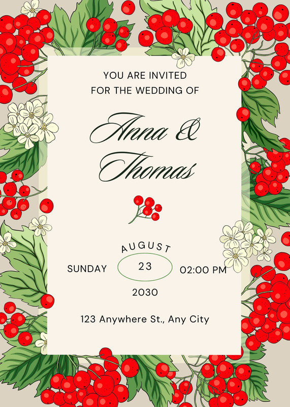 Elegant Floral Berry Wedding Invitation Canva template, red and cream