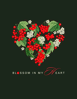 Floral Berry Heart Love Illustration T-Shirt Canva template, red and green