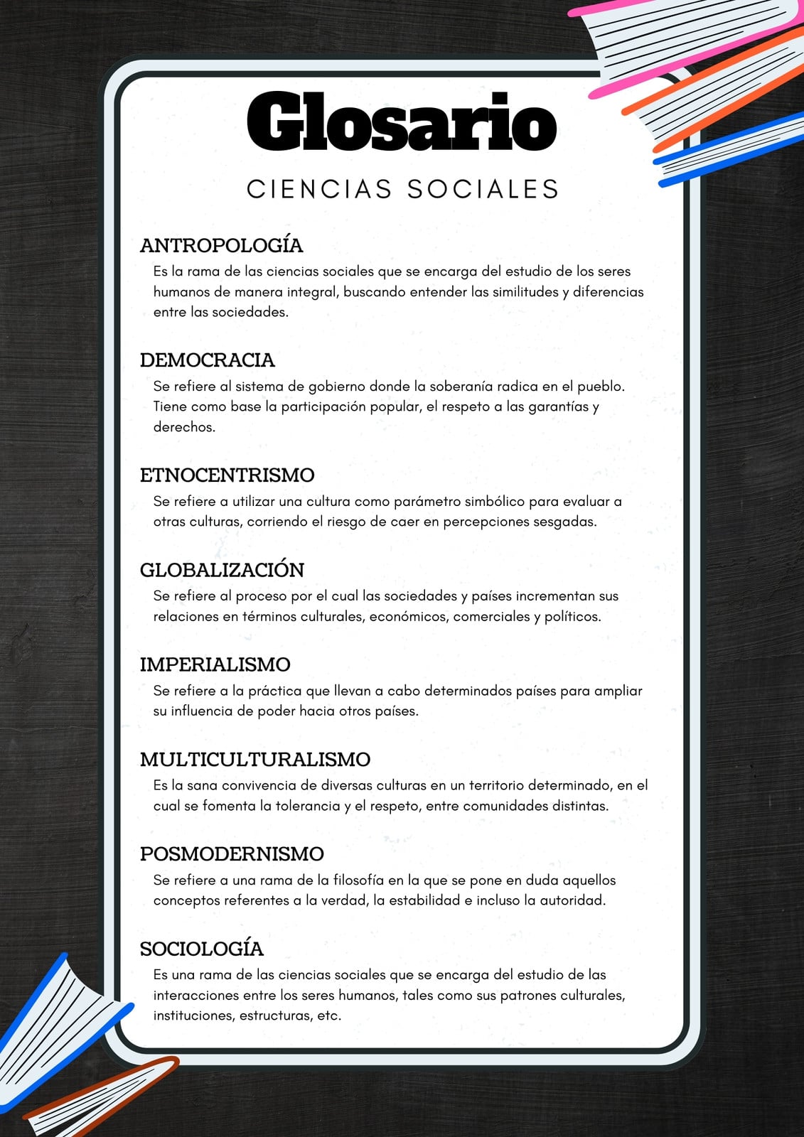 Póster de Glosario Ciencias Sociales Con Textura Negro