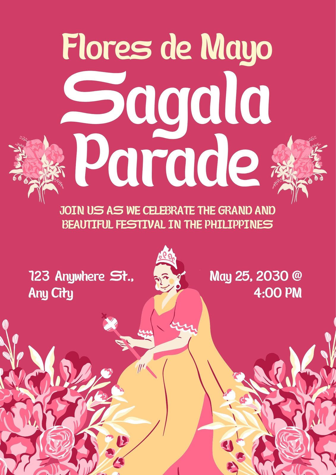 Pink Cute Floral Illustration Flores de Mayo Parade Poster