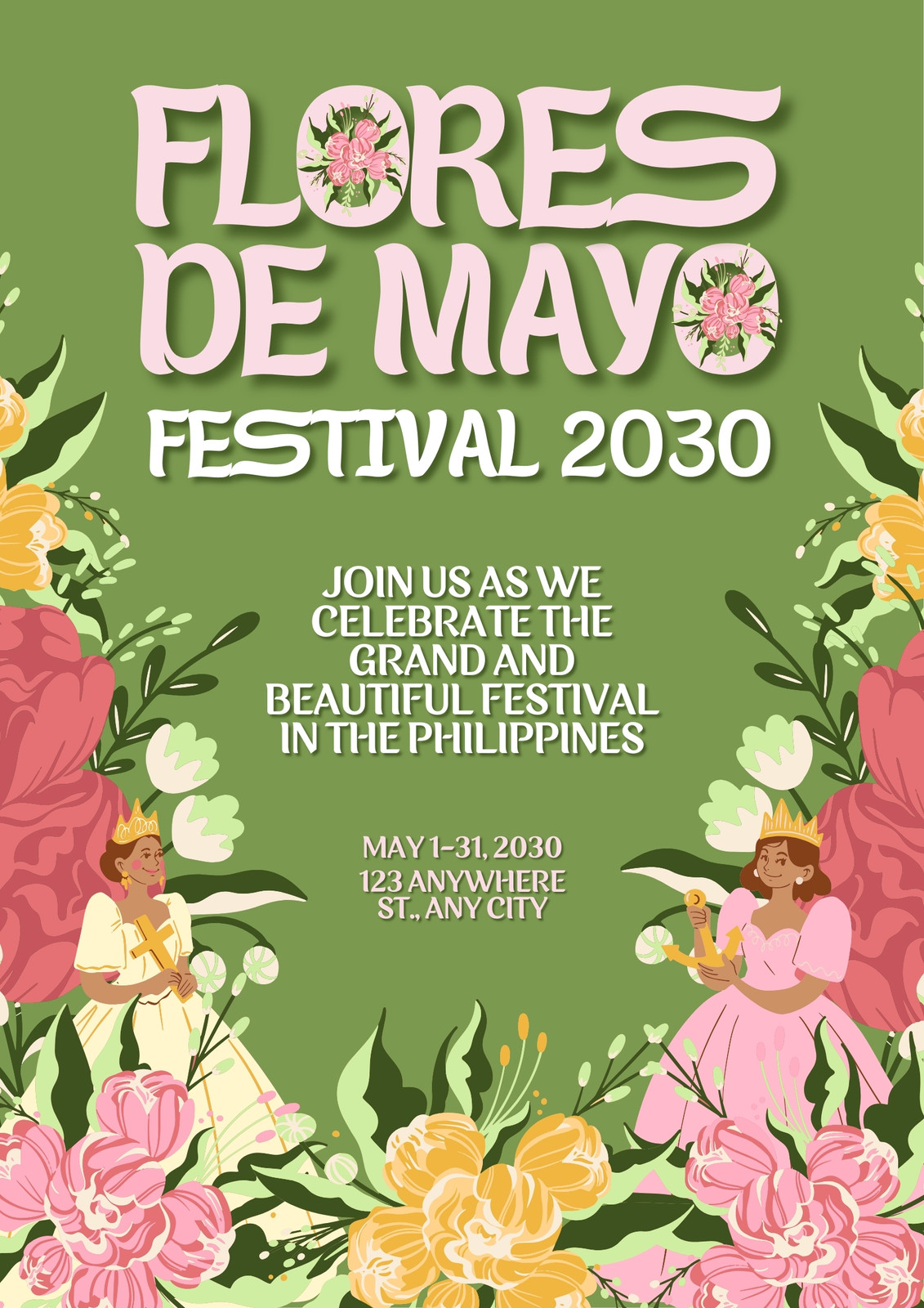 Green Pink Cute Floral Illustrated Flores de Mayo Festival Poster