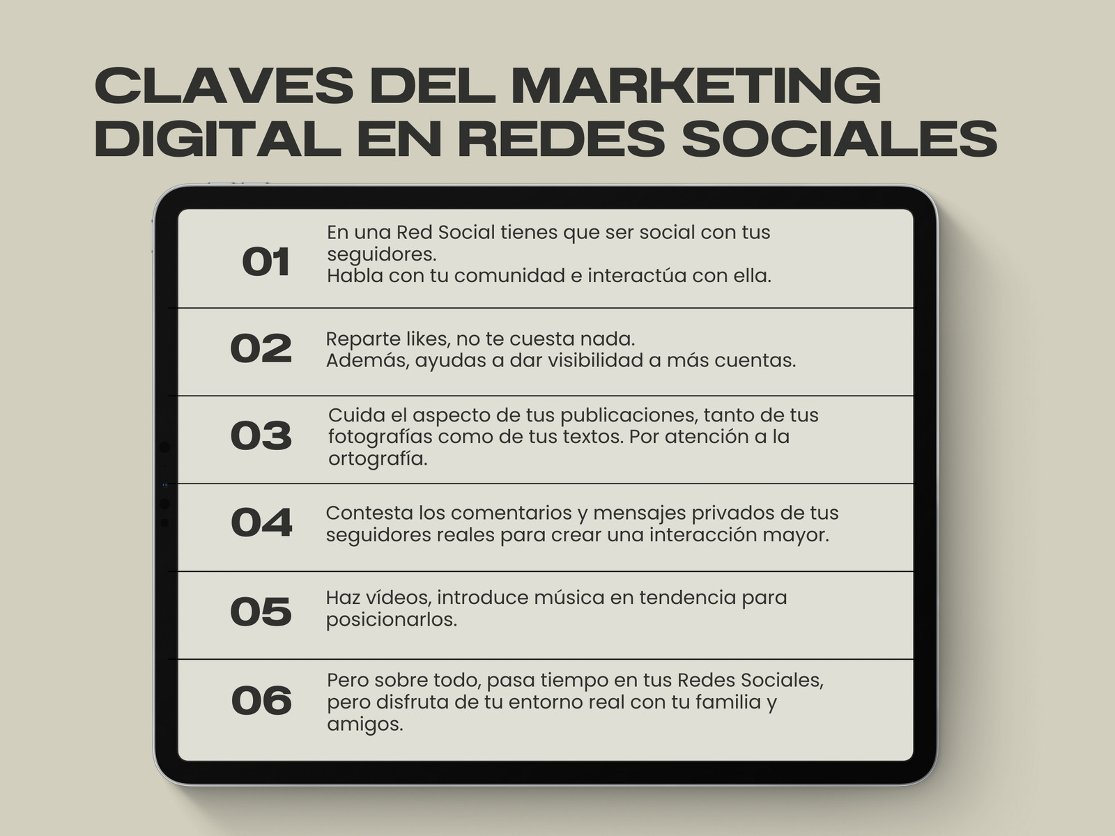Gráfico Claves Marketing Tablet Redes Sociales Moderno Estético Beige Negro