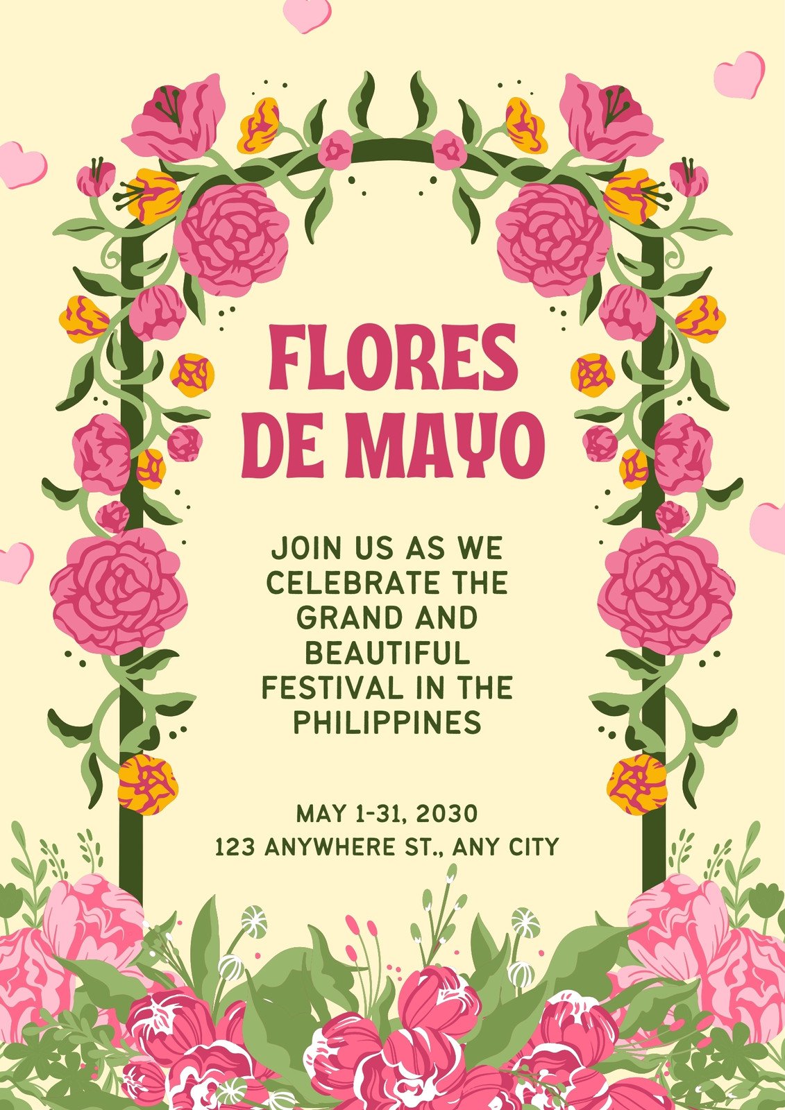 Yellow Pink Floral Cute Illustration Flores de Mayo Poster