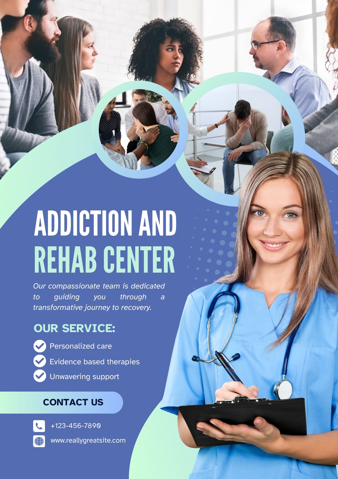 Blue and Green Modern Addiction and Rehab Center Flyer